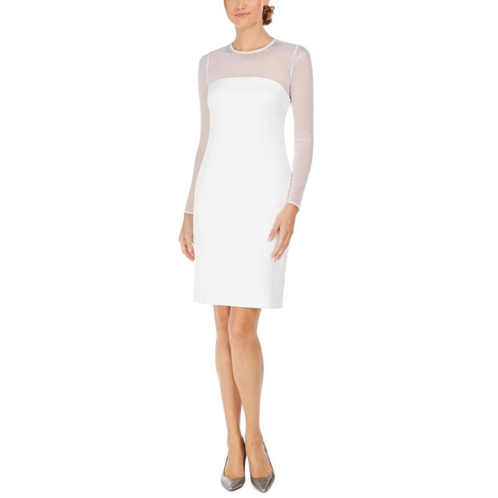 Calvin Klein Womens Ivory Illusion Long Sleeves Cocktail and Party Dress
